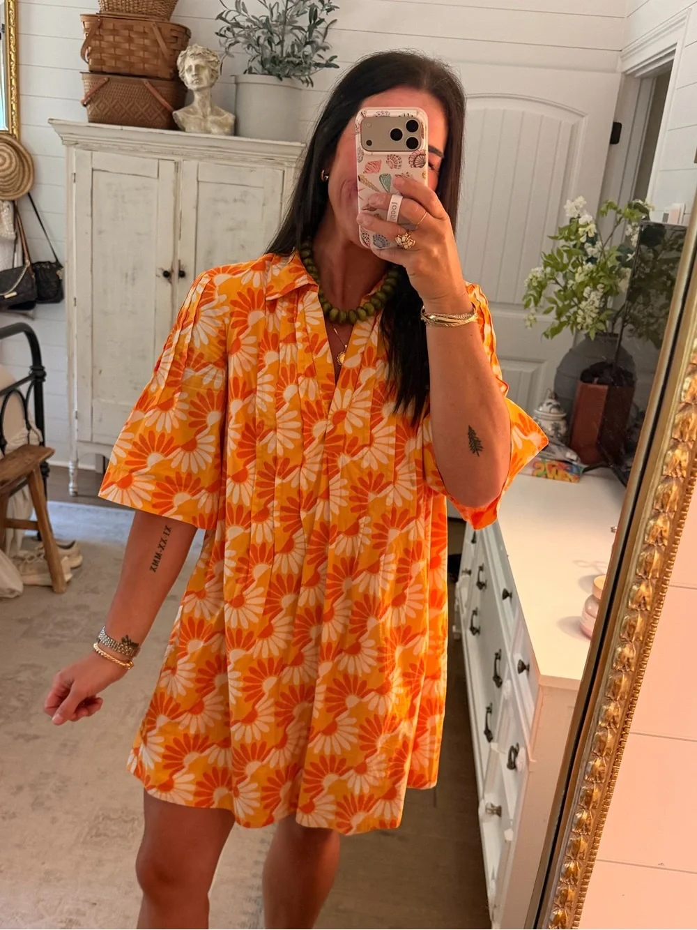 By Anthropologie Orange/White/Yellow Floral Printed Mini Dress Large EUC Retro - Picture 2 of 13